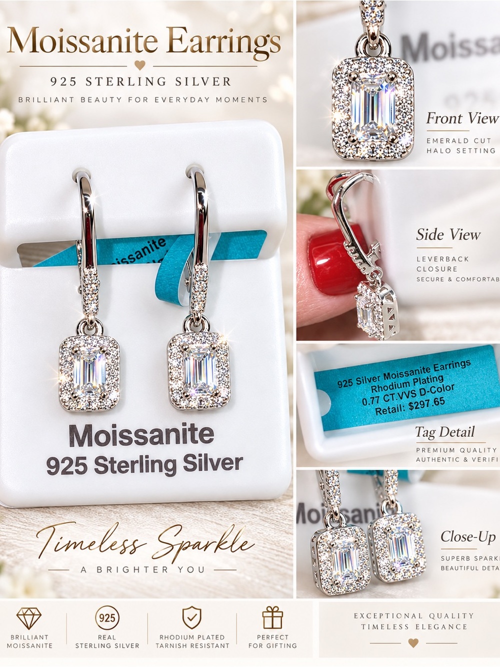 925 Sterling Silver Emerald-Cut Moissanite Halo Drop Earrings โ 0.77 CTW VVS D C